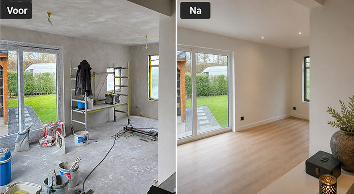 Voor-en-na foto van stucwerk door een stukadoor in een gerenoveerde woonkamer