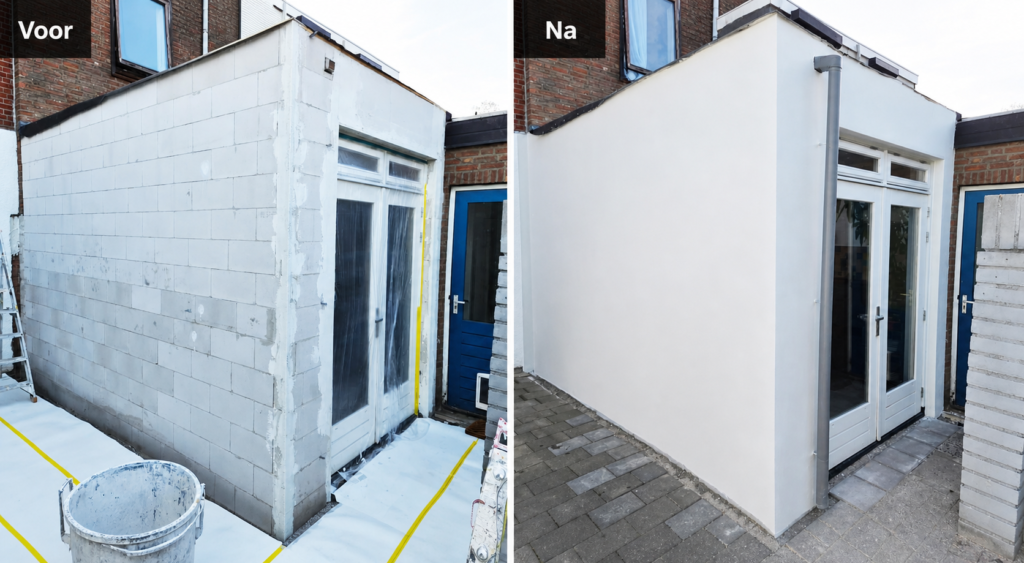 Voor-en-na foto van buitenmuur afgewerkt met stucwerk door een stukadoor