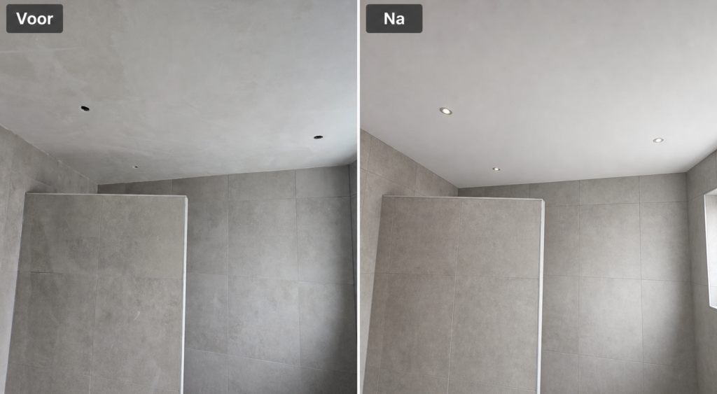 Voor-en-na foto van een badkamer afgewerkt door een stukadoor